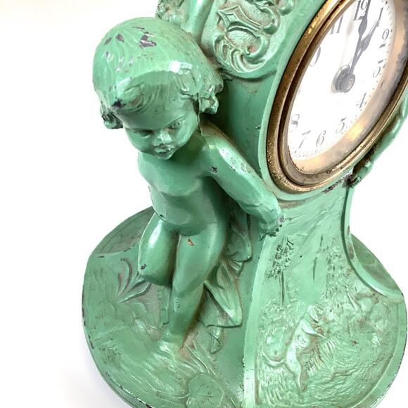 1920s LUX Clock Co. Figural Cherubs Painted Metal Novelty Desk Clock Antique Vtg - Picture 3 of 11